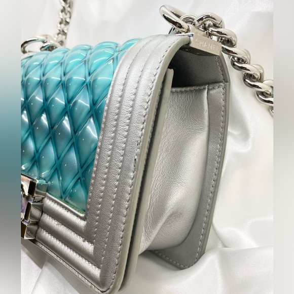 ***SOLD*** Chanel Boy Flap Bag Quilted Holographic PVC Small Blue & Silver - Picture 7 of 14